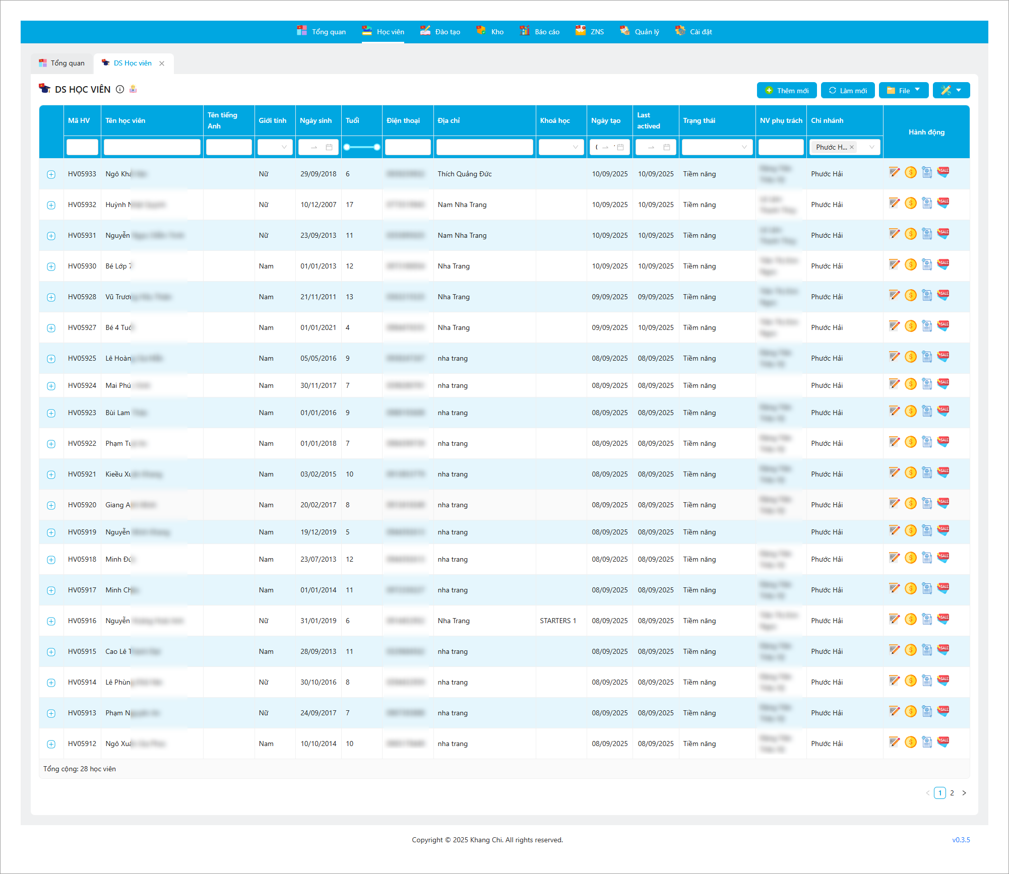 Danh sách học viên tất cả chi nhánh của trung tâm Danh sách học viên tất cả chi nhánh của trung tâm